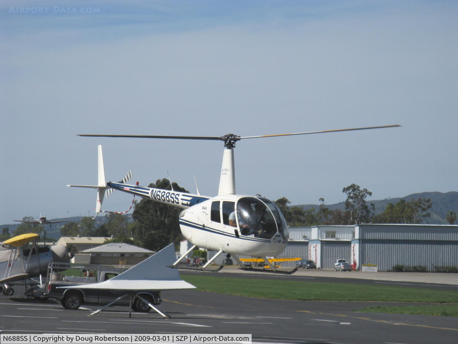 N688SS, 2000 Robinson R44 Raven C/N 0861, 2000 Robinson R44 RAVEN, Lycoming O-540 260 Hp derated to 225 Hp at takeoff, 205 Hp continuous, hover approach to landing SZP Helipad