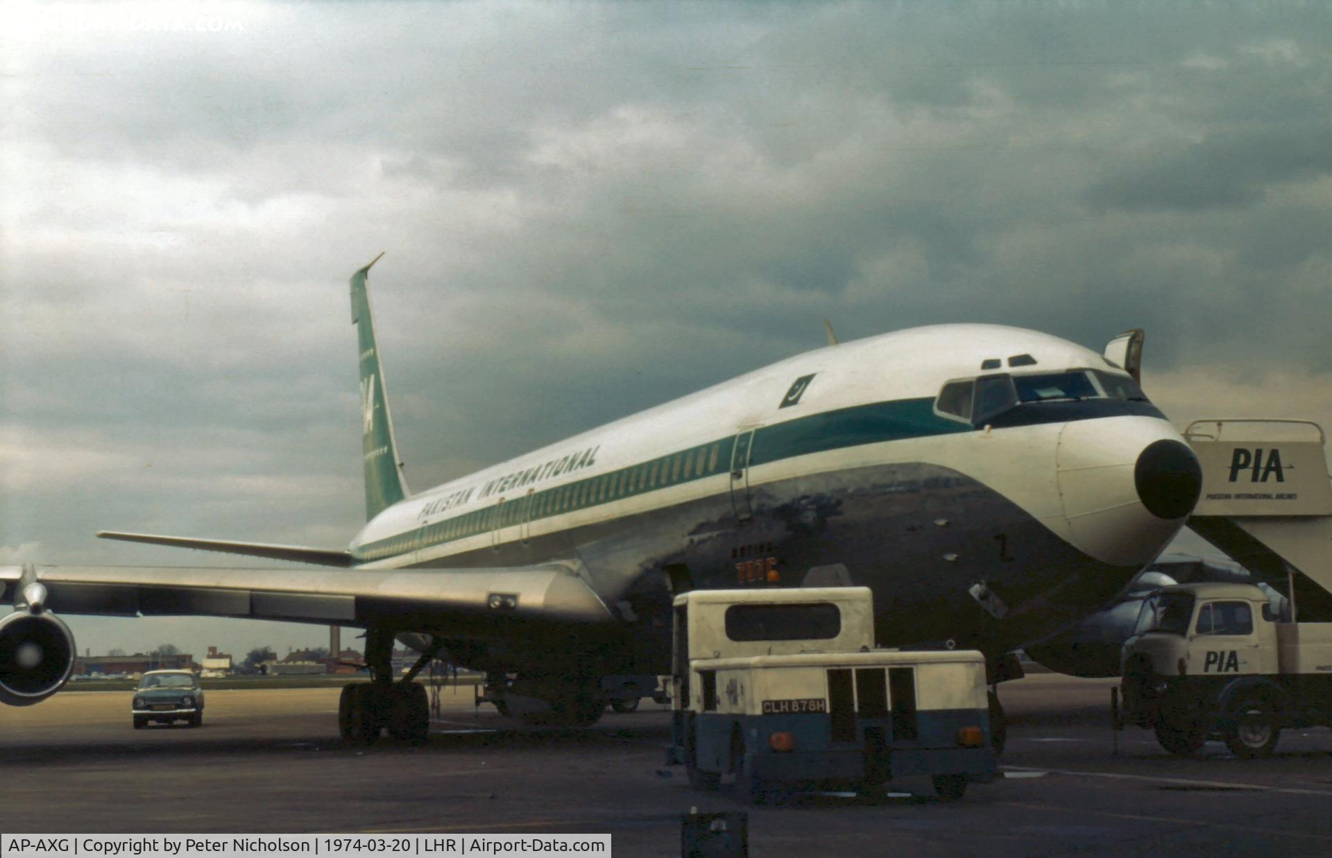 AP-AXG, 1970 Boeing 707-340C C/N 20488, In 1974 this Boeing 707 was in service with Pakistan International Airlines as seen in the Spring of 1974 at London Heathrow.