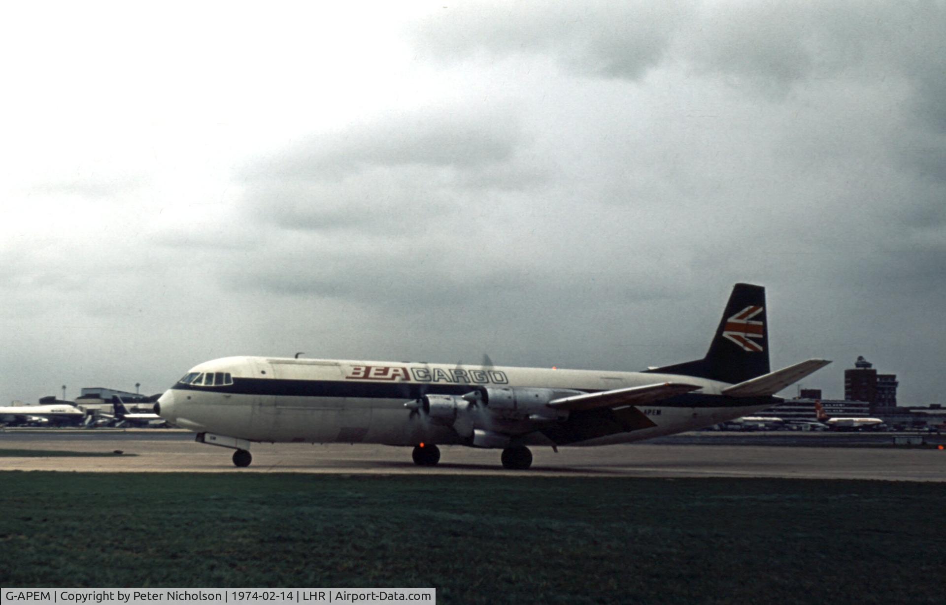 G-APEM, 1961 Vickers V953C Merchantman C/N 716, Merchantman of British European Airways Cargo Division departing London Heathrow.