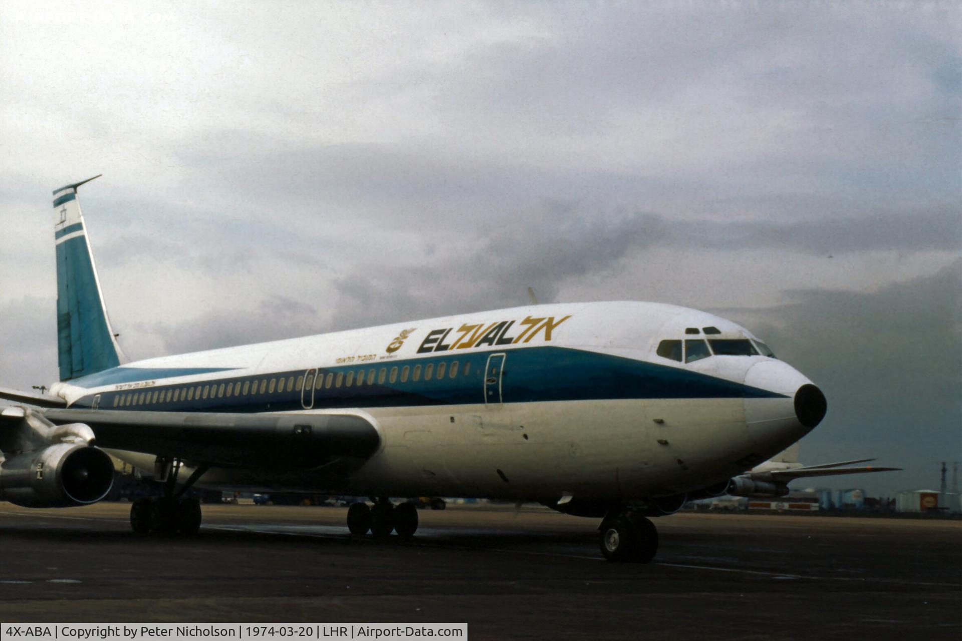 4X-ABA, 1962 Boeing 720-058B C/N 18424, El Al Israel Airlines taxying for departure at London Heathrow in the Spring of 1974.