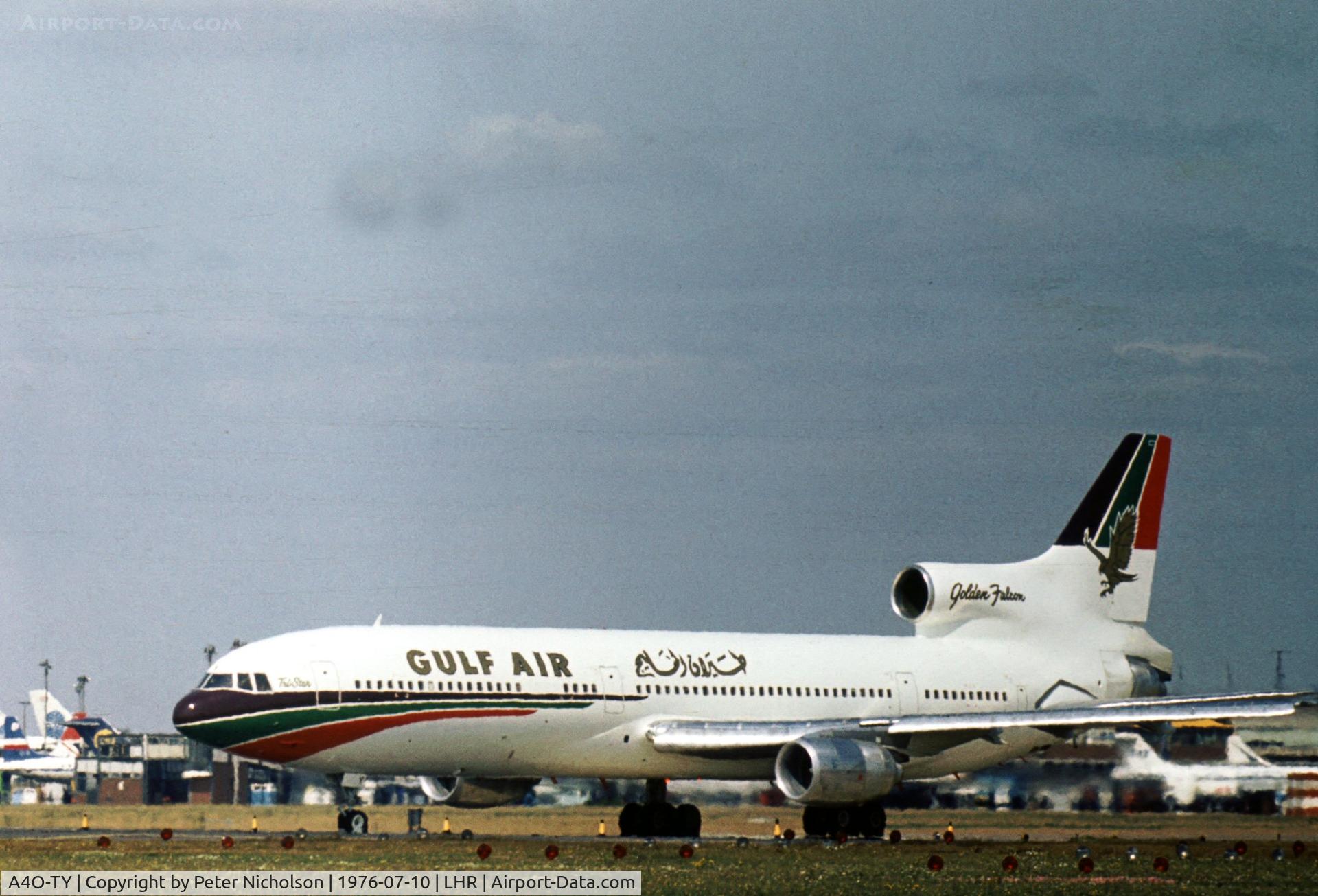 A4O-TY, 1976 Lockheed L-1011-385-1-15 TriStar 200 C/N 193U-1138, Tristar of Gulf Air departing London Heathrow in the Summer of 1976.