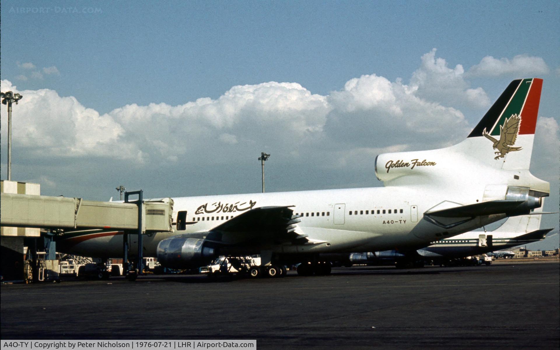 A4O-TY, 1976 Lockheed L-1011-385-1-15 TriStar 200 C/N 193U-1138, Tristar of Gulf Air at the terminal gate at London Heathrow in the Summer of 1976.