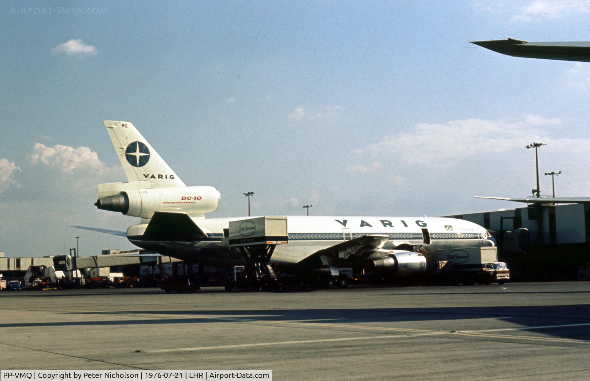 PP-VMQ, 1974 McDonnell Douglas DC-10-30F C/N 46941, DC-10 of Varig Brazilian Airlines at the cargo terminal of London Heathrow in the Summer of 1976.