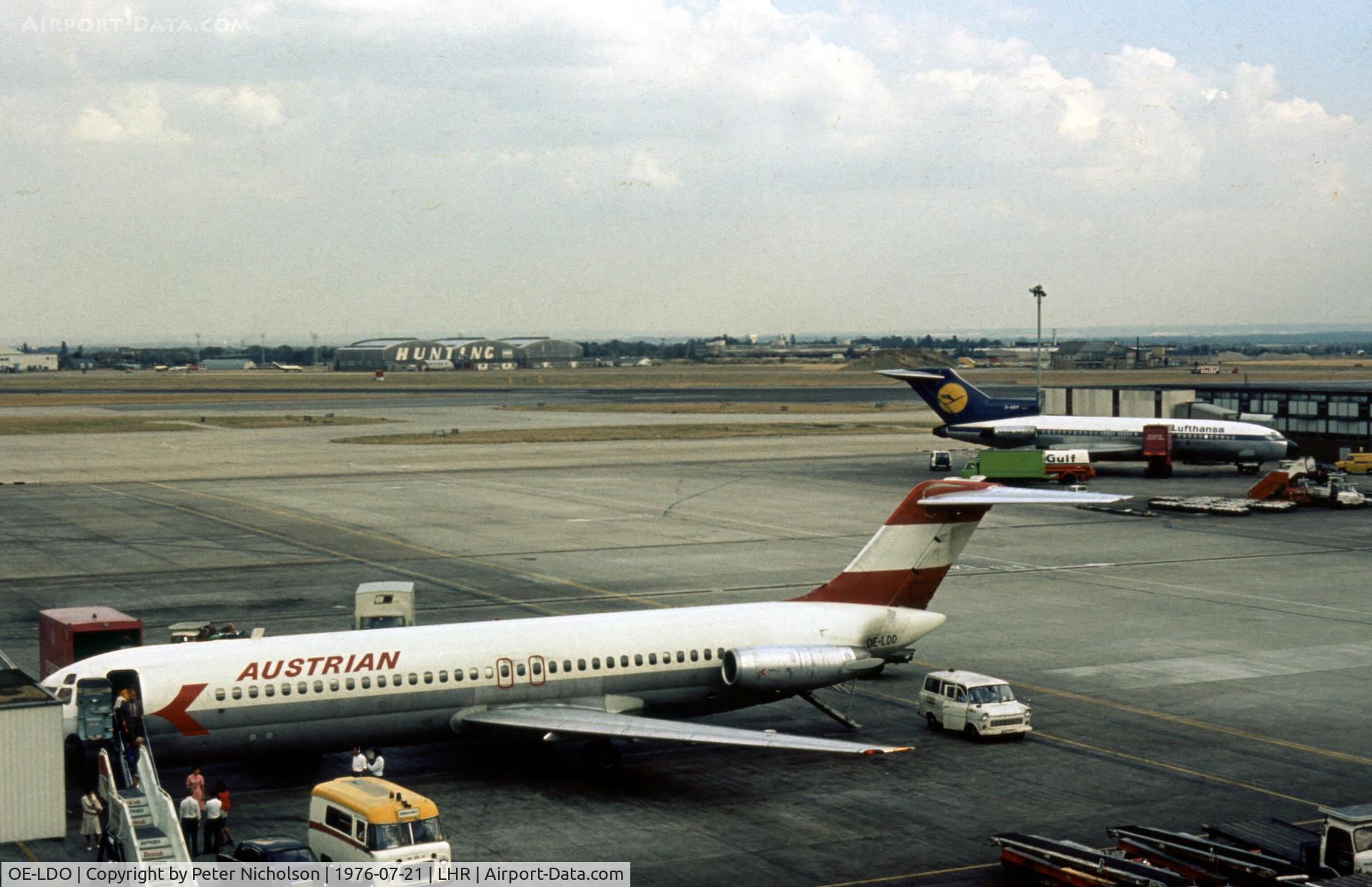 OE-LDO, 1977 McDonnell Douglas DC-9-51 C/N 47756, DC-9 of Austrian Airlines at Terminal 2 of London Heathrow in the Summer of 1976.