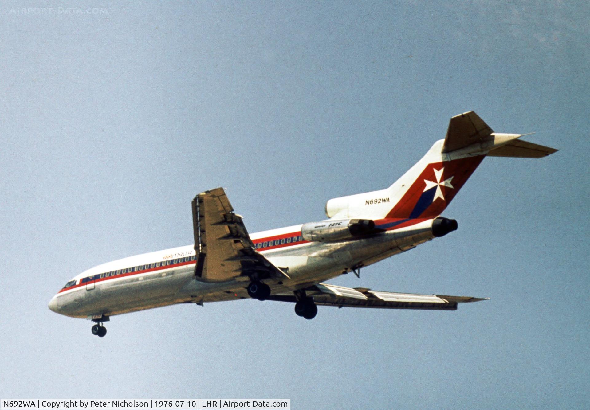 N692WA, 1967 Boeing 727-173C C/N 19506, World Airways leased this aircraft to Air Malta in the Summer of 1976 - seen landing at London Heathrow.