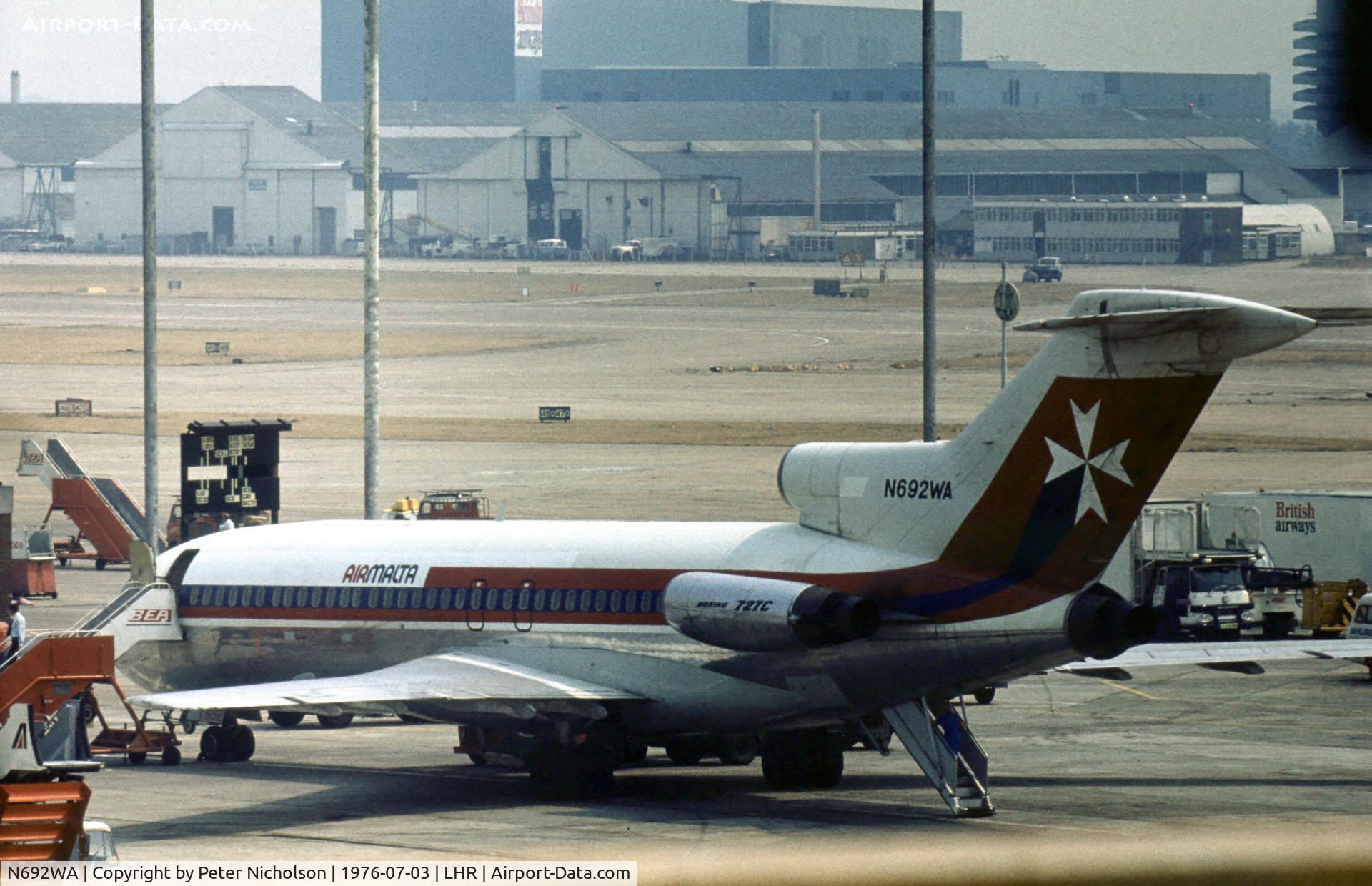 N692WA, 1967 Boeing 727-173C C/N 19506, Air Malta leased this aircraft from World Airways as seen at London Heathrow in the Summer of 1976.