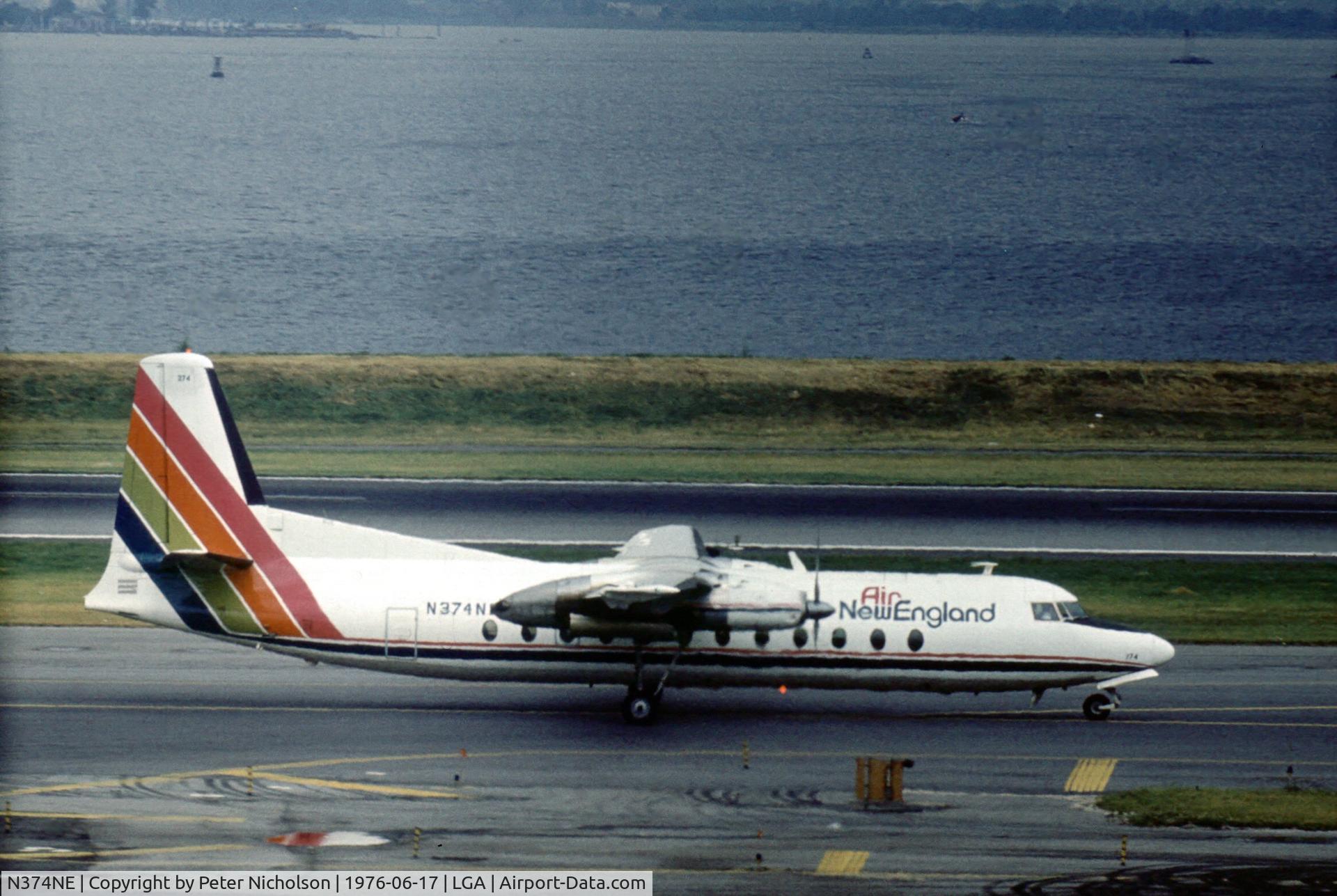 N374NE, 1966 Fairchild Hiller FH-227C C/N 504, Regional carrier Air New England operated this aircraft in the Summer of 1976 as seen at La Guardia.