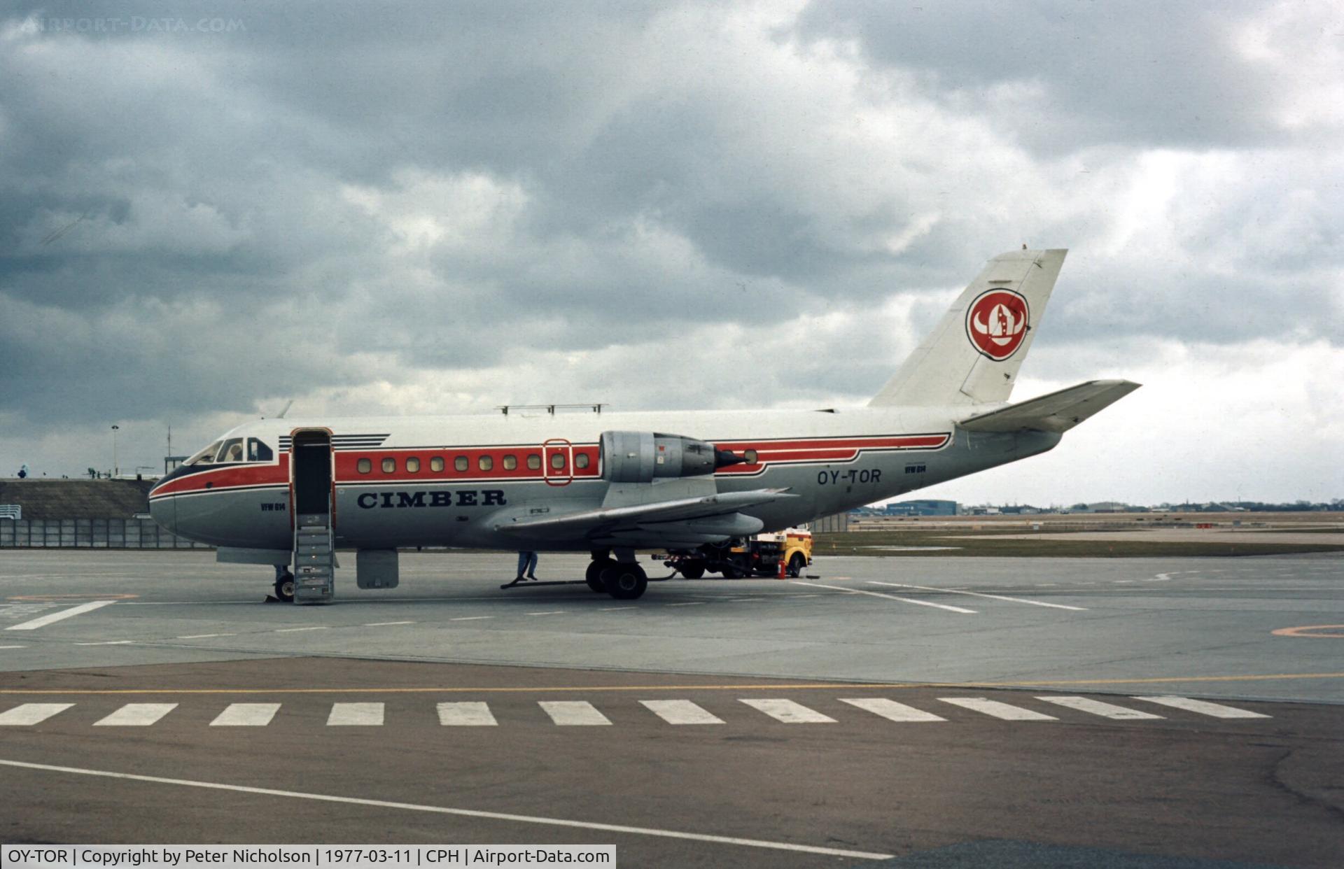 OY-TOR, 1975 VFW-Fokker VFW-614 C/N G04, Cimber Air of Denmark was the launch customer for this aircraft and is seen at Copenhagen Kastrup in the Spring of 1977.