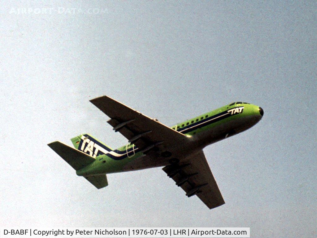 D-BABF, VFW-Fokker VFW-614 C/N G06, Tourainne Air Transport operated this short-haul airliner in 1976 as seen climbing out of London Heathrow.