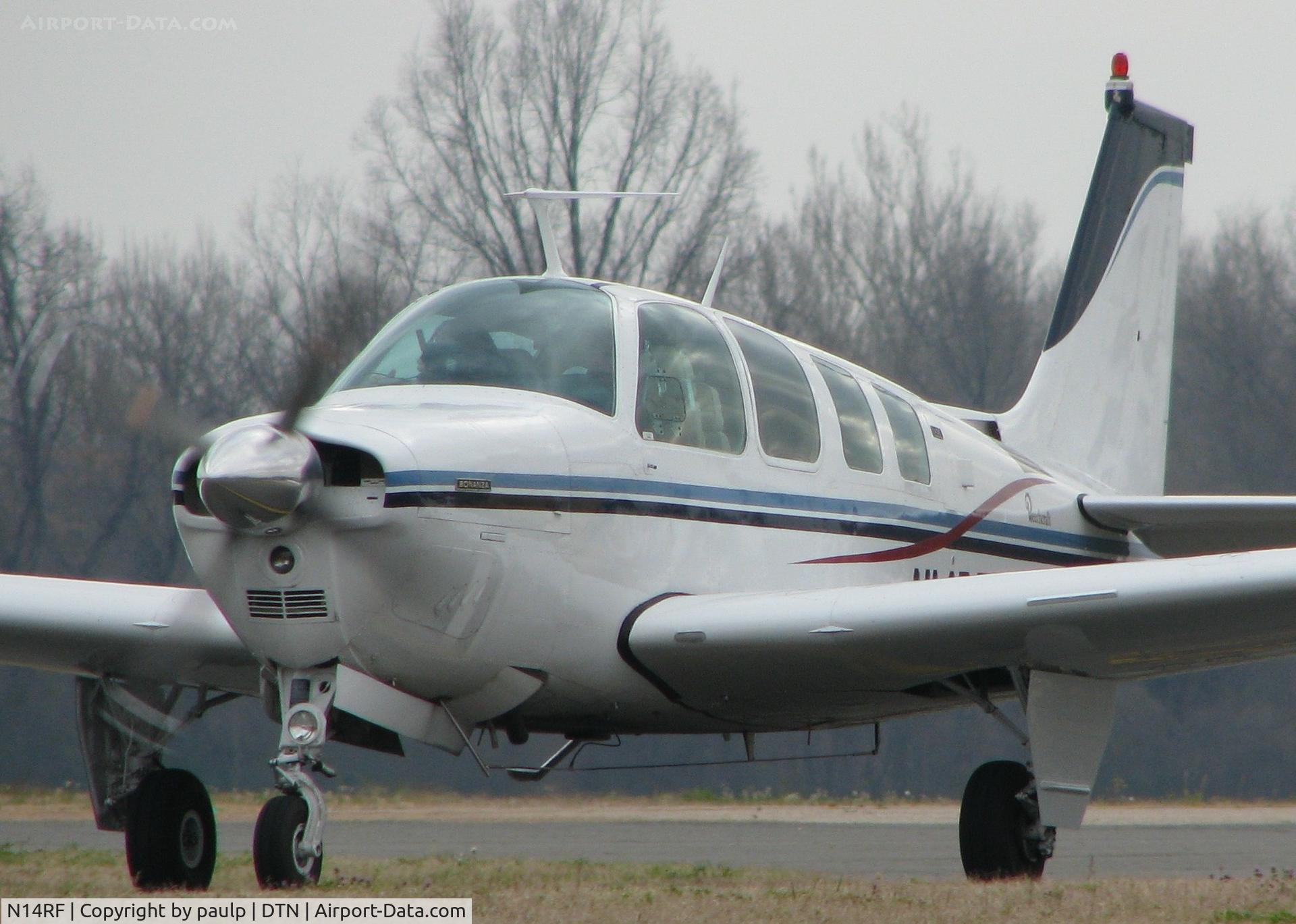 N14RF, 1973 Beech A36 Bonanza 36 C/N E-486, On taxiway Foxtrot about to turn onto runway 14 at the Shreveport Downtown airport.