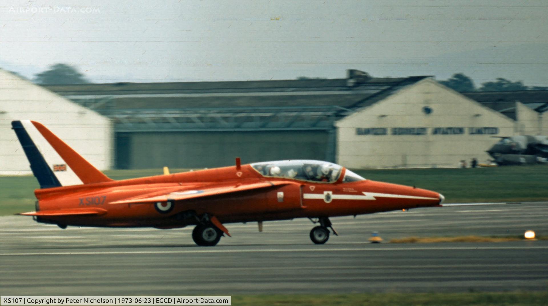 XS107, 1964 Hawker Siddeley Gnat T.1 C/N FL601, As one of the Red Arrows aerobatic display team this Gnat was present at the 1973 Woodford Airshow.