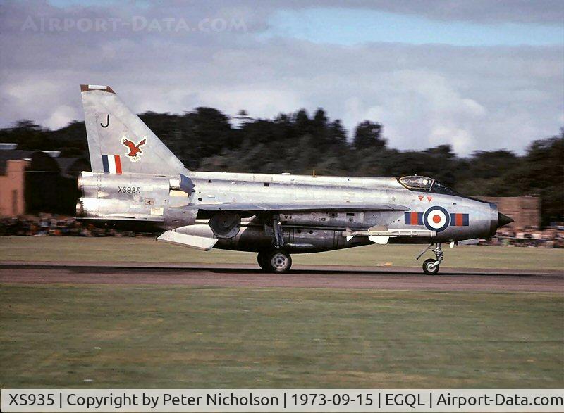 XS935, 1967 English Electric Lightning F.6 C/N 95268, Lightning F.6 of 23 Squadron displaying at the 1973 Leuchars Airshow.