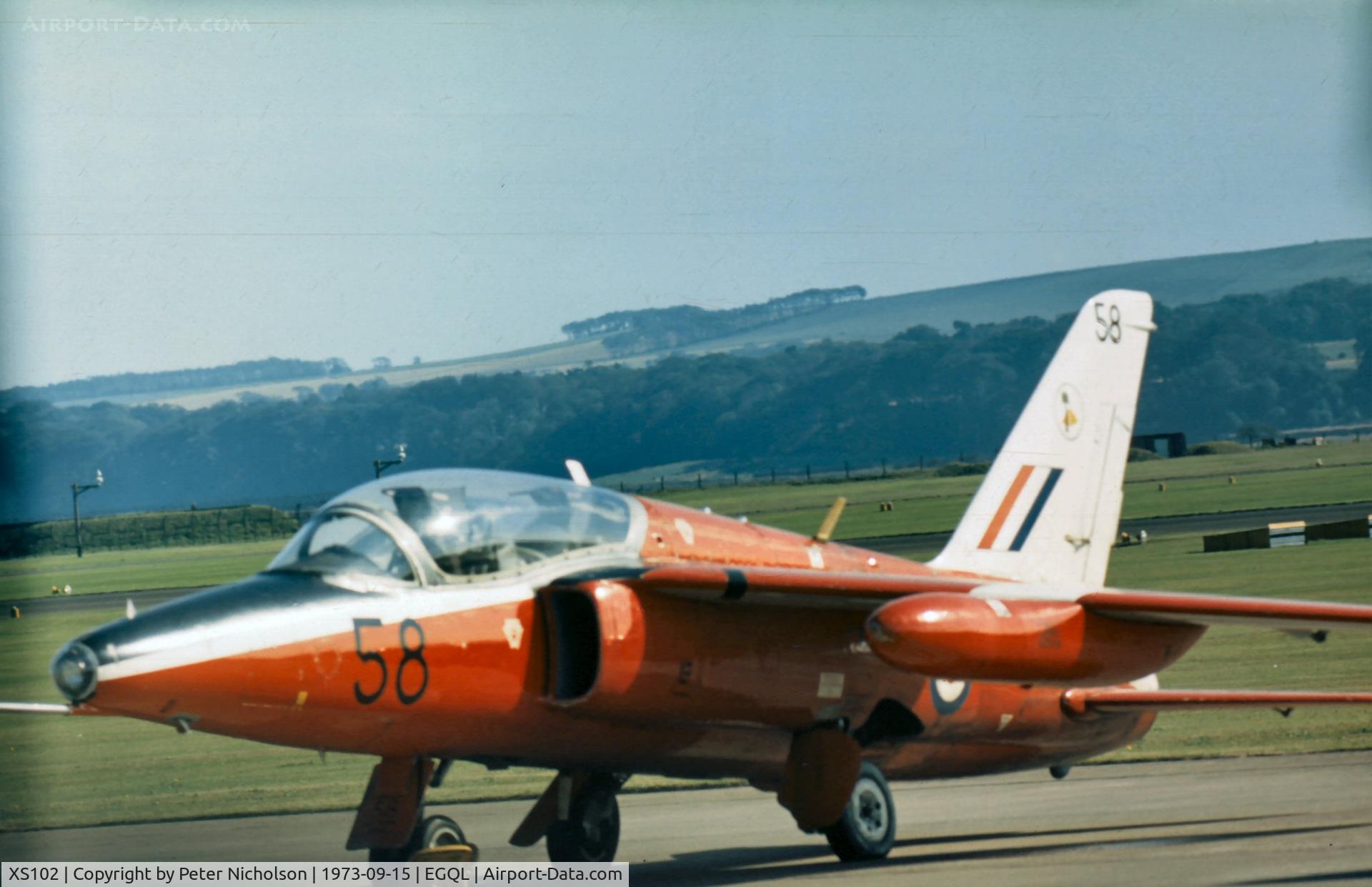 XS102, 1964 Hawker Siddeley Gnat T.1 C/N FL596, Gnat T.1 of 4 Flying Training School on display at the 1973 Leuchars Airshow.