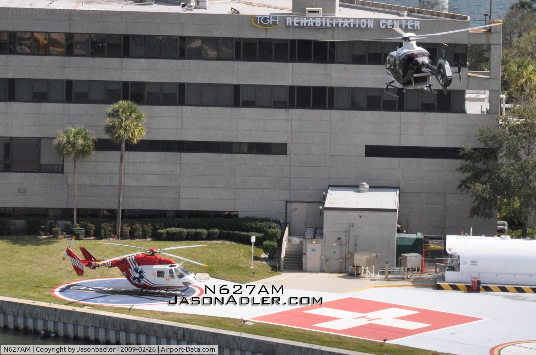 N627AM, 1984 Eurocopter-Kawasaki BK-117A-4 C/N 7017, N627AM is the one on the left.