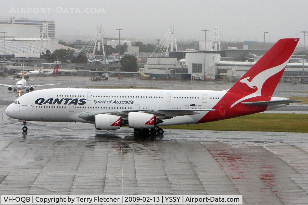 VH-OQB, 2008 Airbus A380-842 C/N 015, Qantas A380 taxies to stand in unusually foul Sydney weather