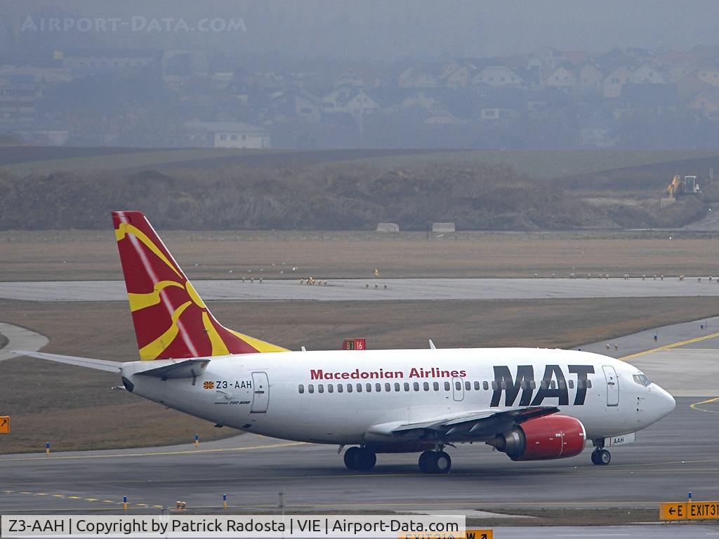 Z3-AAH, 1991 Boeing 737-529 C/N 25249, Normaly MAT operates its flights to Vienna with CRJ but sometimes this ex Sabena 737-500 is seen in VIE too