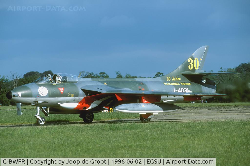 G-BWFR, Hawker Hunter F.58 C/N 41H-697398, in 1996 this warbird was still in its original colour scheme as used by the Swiss AF two years earlier.
