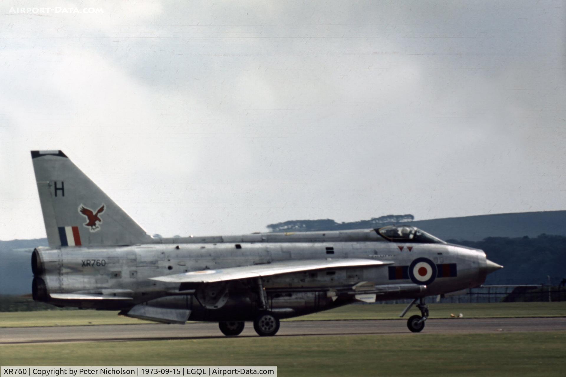 XR760, 1965 English Electric Lightning F.6 C/N 95225, Lightning F.6 of 23 Squadron at the 1973 Leuchars Airshow.