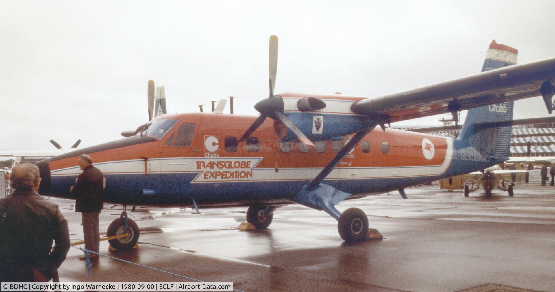G-BDHC, 1974 De Havilland Canada DHC-6-310 Twin Otter C/N 414, De Havilland Canada DHC-6 Twin Otter of the Chubb Trans Globe Expedition at Farnborough International 1980