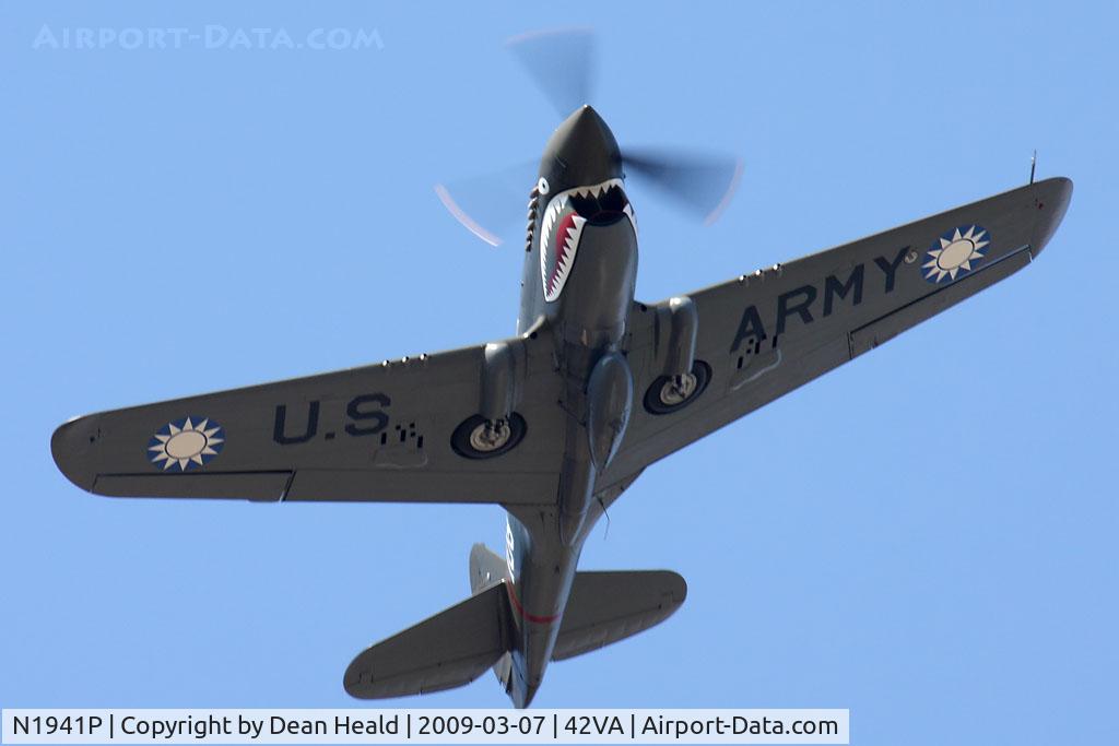 N1941P, 1941 Curtiss P-40E C/N 1025, 1941 Curtiss Wright P-40E Kittyhawk N1941P making a pass at down RWY 29 at Virginia Beach Airport.