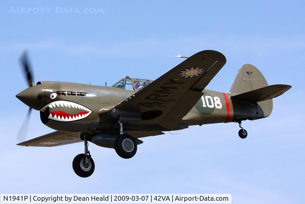 N1941P, 1941 Curtiss P-40E C/N 1025, 1941 Curtiss Wright P-40E Kittyhawk N1941P on approach to RWY 29 for one of several touch-n-go's.