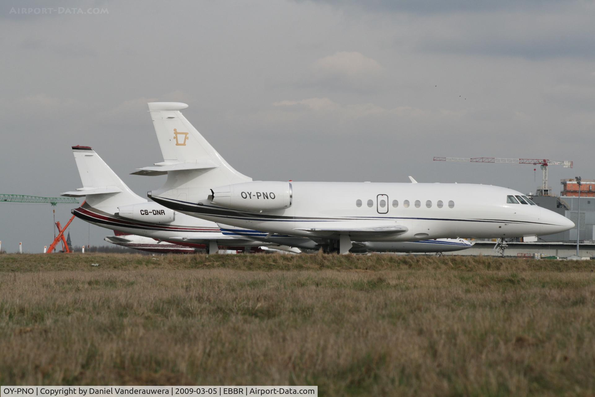 OY-PNO, 2007 Dassault Falcon 2000EX C/N 103, parked on General Aviation apron (Abelag)