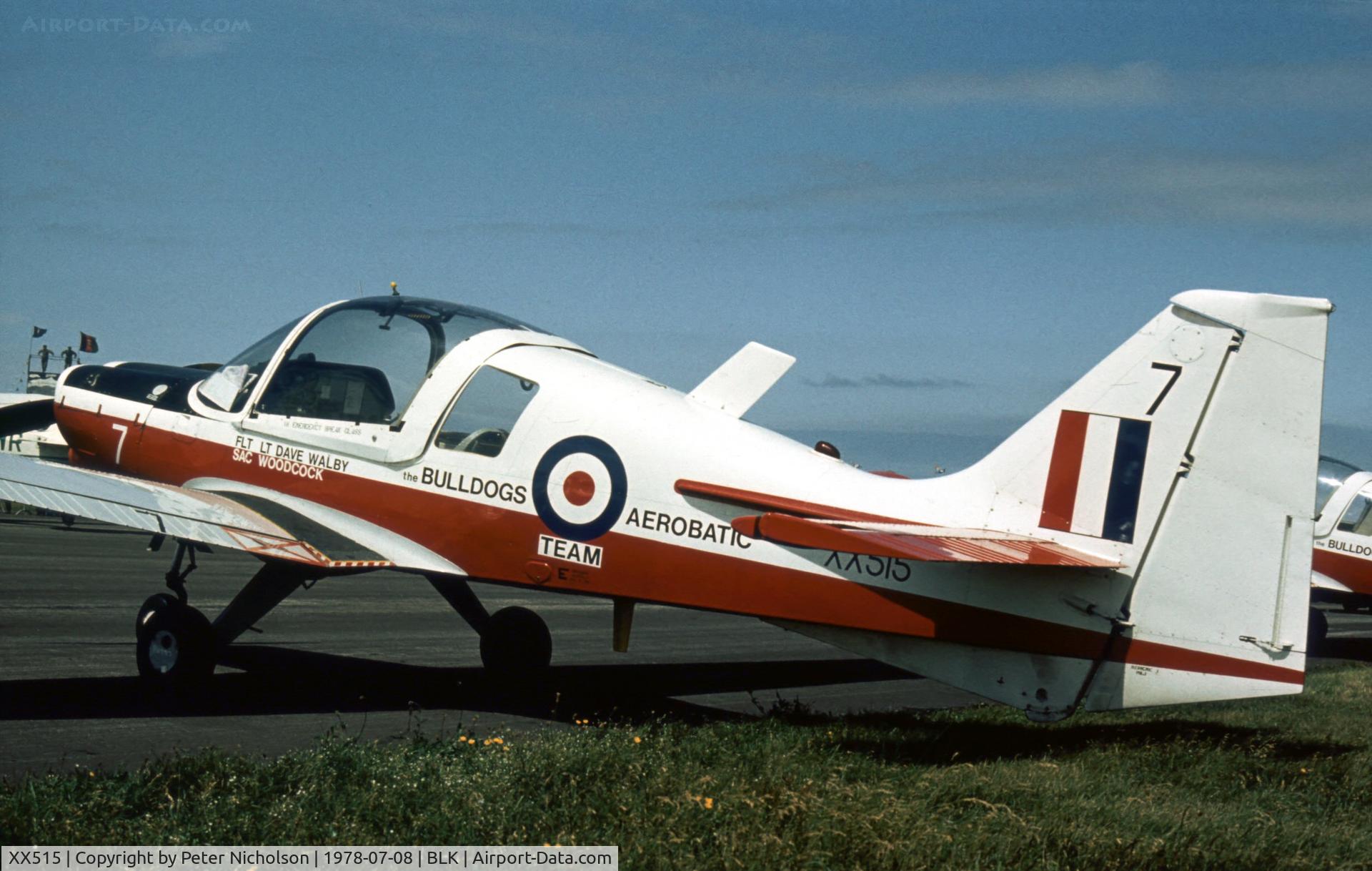 XX515, 1973 Scottish Aviation Bulldog T.1 C/N BH120/201, Bulldog T.1 of the Royal Navy Elementary Flying Training School at the 1978 Blackpool Airshow.