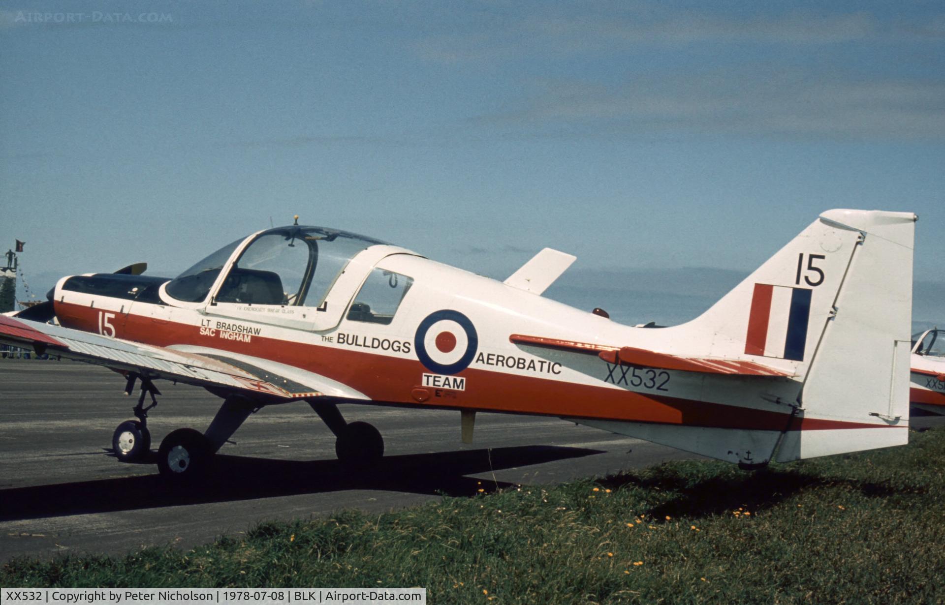 XX532, 1973 Scottish Aviation Bulldog T.1 C/N BH120/218, Bulldog T.1 of the Bulldogs aerobatic display team at the 1978 Blackpool Airshow.