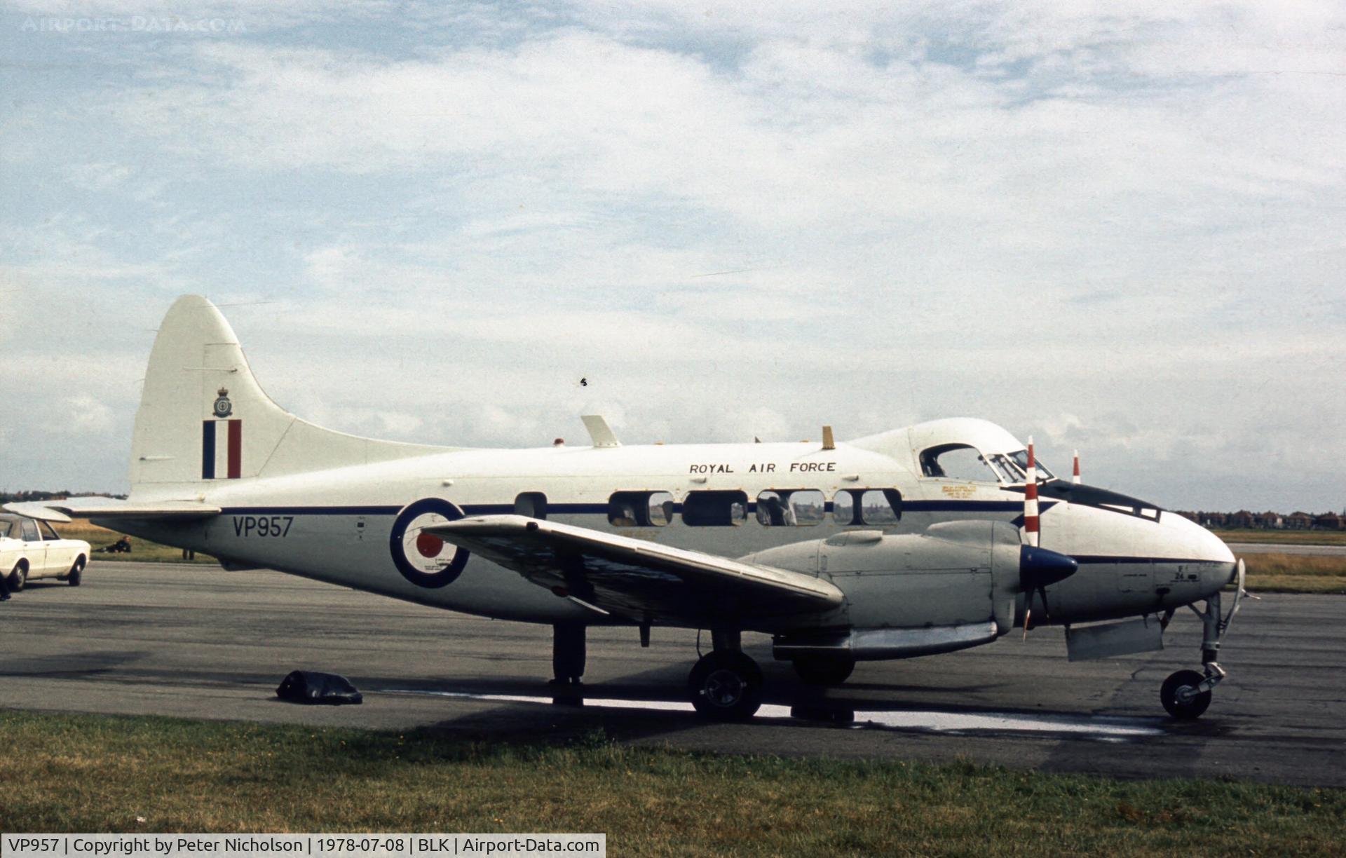 VP957, De Havilland DH-104 Devon C.2 C/N 04208, This Devon C.2/2 of 207 Squadron was the support aircraft for the Battle of Britain Memorial Flight display at the 1978 Blackpool Airshow.