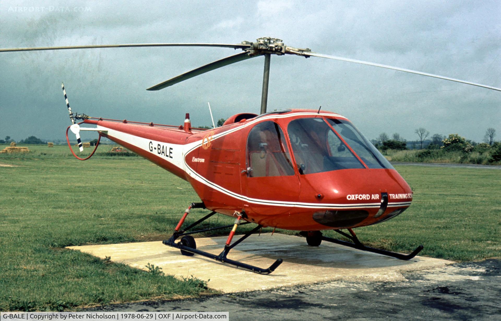 G-BALE, 1973 Enstrom F-28A-UK C/N 119, This helicopter was with the Oxford Air Training School at Kidlington in the Summer of 1978.