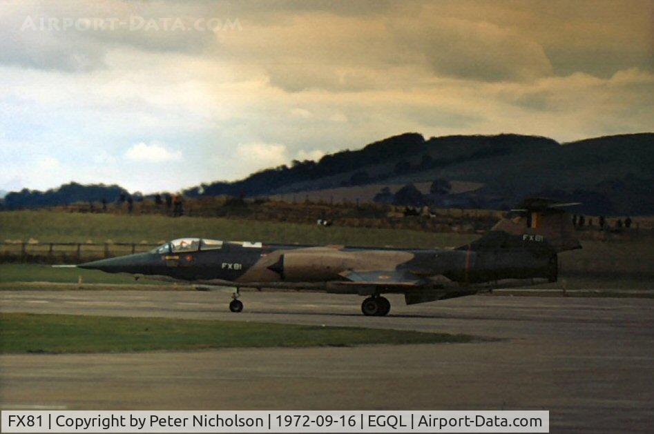 FX81, 1965 Lockheed F-104G Starfighter C/N 683-9139, Starfighter of the Belgian Air Force aerobatic display team Slivers displayed at the 1972 RAF Leuchars Airshow.