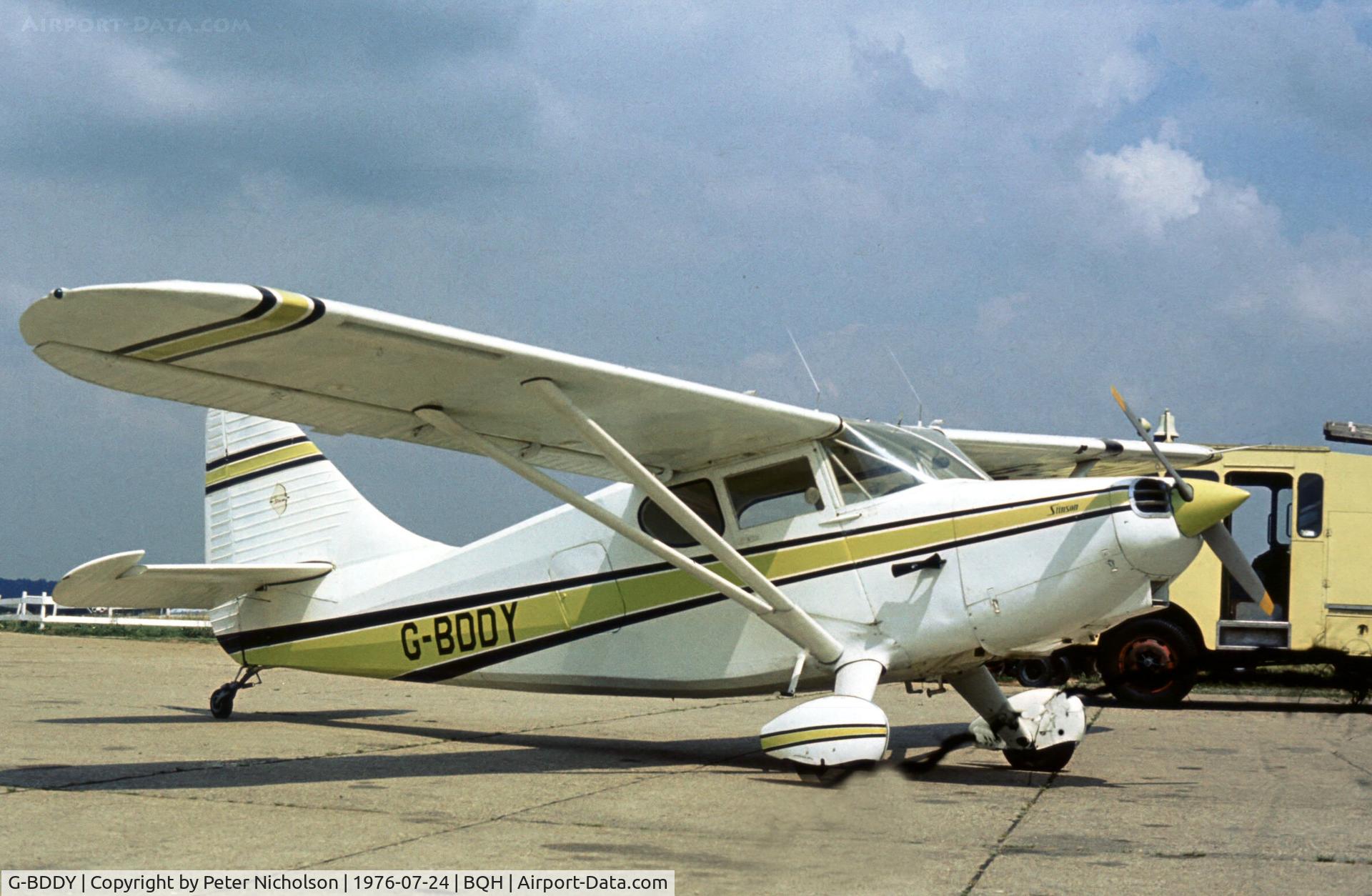 G-BDDY, 1948 Stinson 108-3 Voyager C/N 108-3-4267, This Voyager was a visitor to Biggin Hill in the Summer of 1976.