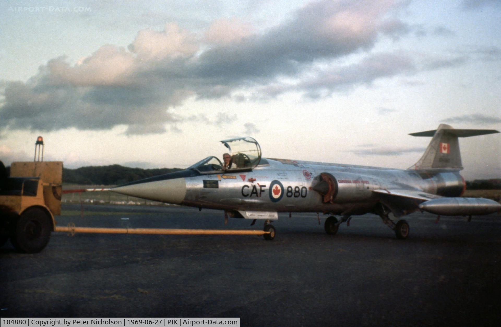 104880, Canadair CF-104 Starfighter C/N 683A-1180, Canadian Armed Forces Starfighter displayed at the 1969 Prestwick Airshow was undergoing maintenace by Scottish Aviation.