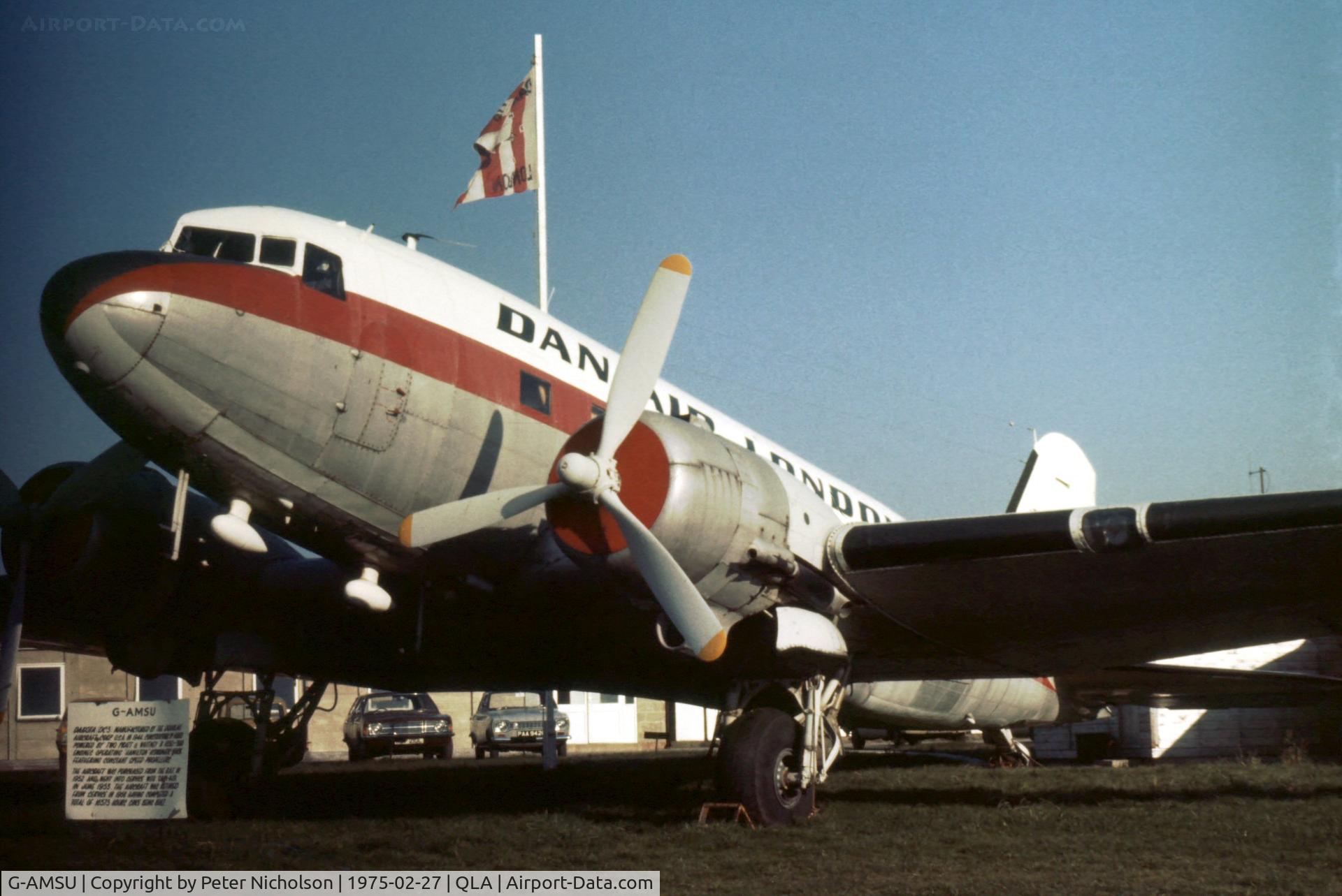 G-AMSU, 1944 Douglas C-47 Dakota 4 C/N 16800, Dan-Air Dakota preserved at Lasham as seen in 1975.