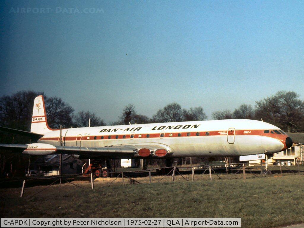 G-APDK, 1959 De Havilland DH.106 Comet 4 C/N 6412, Dan-Air Comet preserved at Lasham as seen in 1975 - sadly, it was scrapped in October 1980.