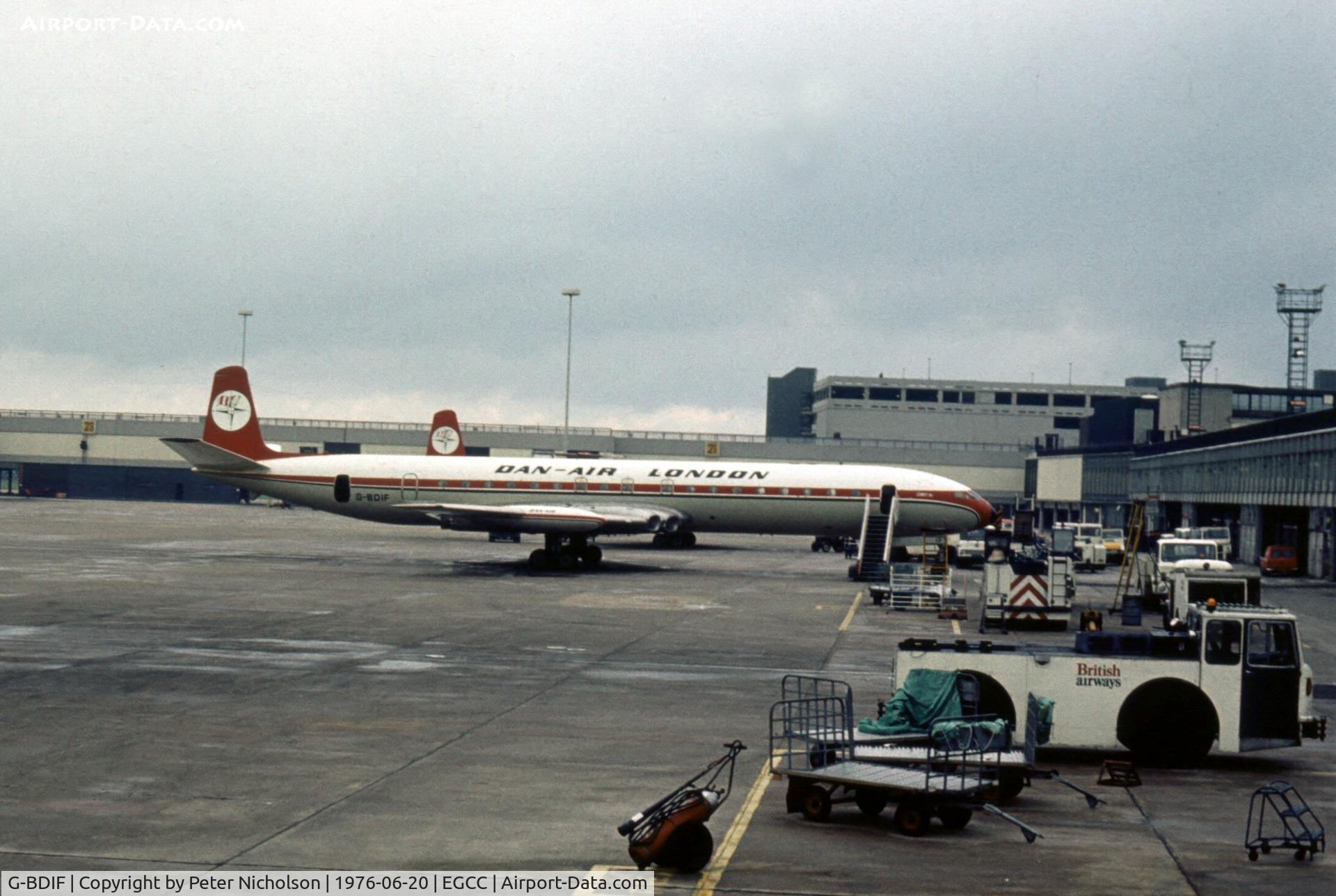 G-BDIF, 1962 De Havilland DH.106 Comet 4C C/N 6463, Dan-Air Comet as seen at Manchester Airport in the Summer of 1976.