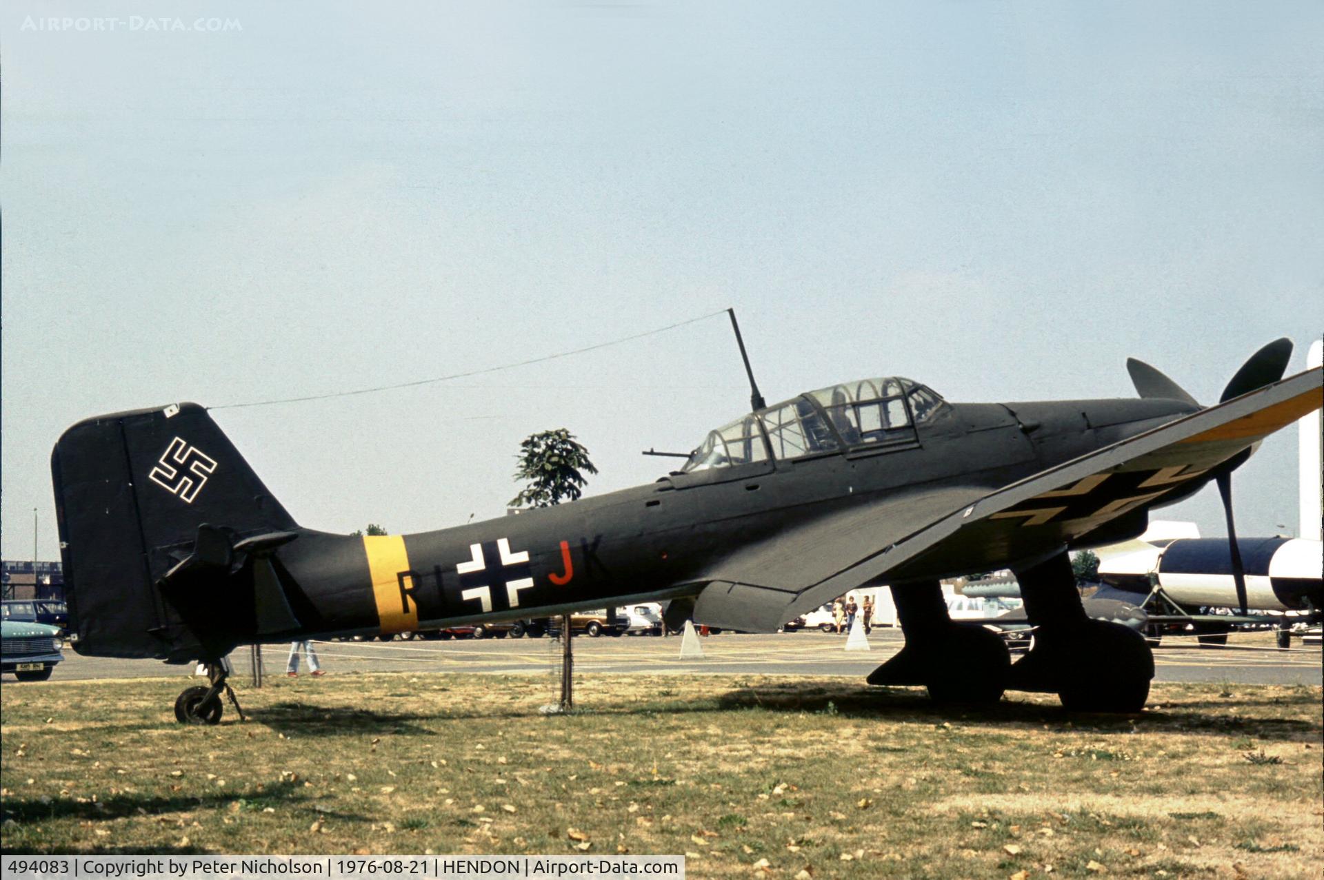 494083, 1941 Junkers Ju-87D Stuka C/N Not found 494083, Another view of the Junkers Stuka which was part of the German Aviation Exhibition at Hendon in 1976.