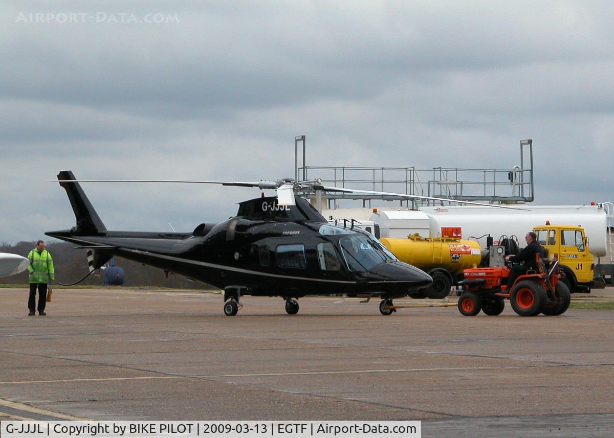 G-JJJL, 2002 Agusta A-109E Power C/N 11159, BEING PUSHED BACK TO THE ALAN MANN HANGERS