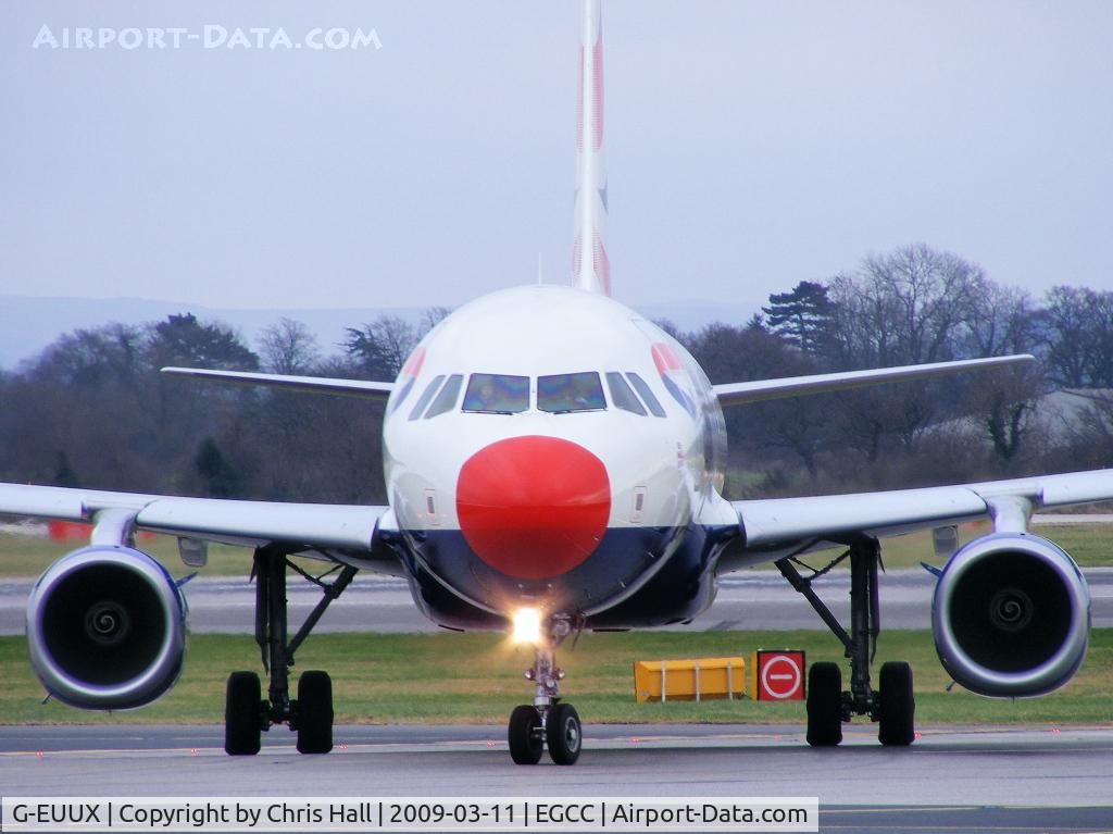 G-EUUX, 2008 Airbus A320-232 C/N 3550, British Airways, wearing a Red Nose for Comic Relief