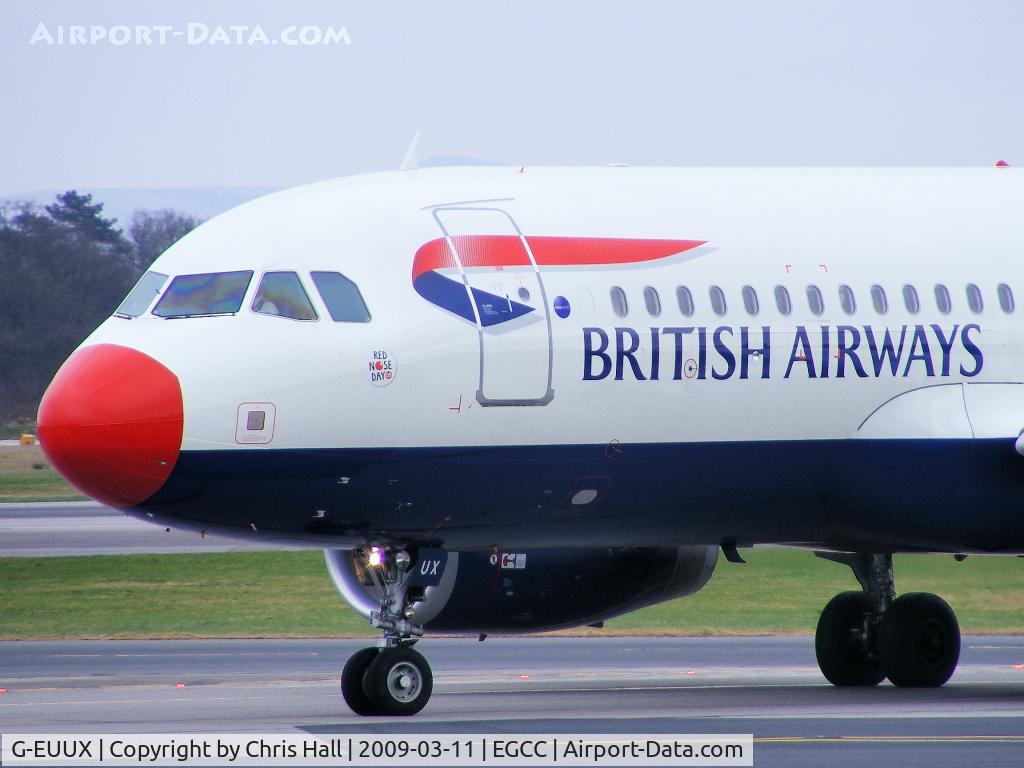 G-EUUX, 2008 Airbus A320-232 C/N 3550, British Airways, wearing a Red Nose for Comic Relief