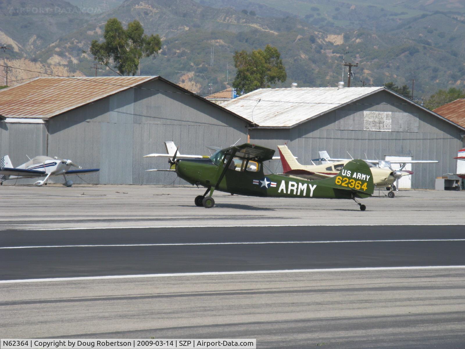 N62364, 1953 Cessna 305A C/N 23484, 1953 Cessna 305A as U S Army L-19A BIRD DOG, Continental E-225 225 Hp, constant speed prop, taxi off Rwy 22 after STOL landing
