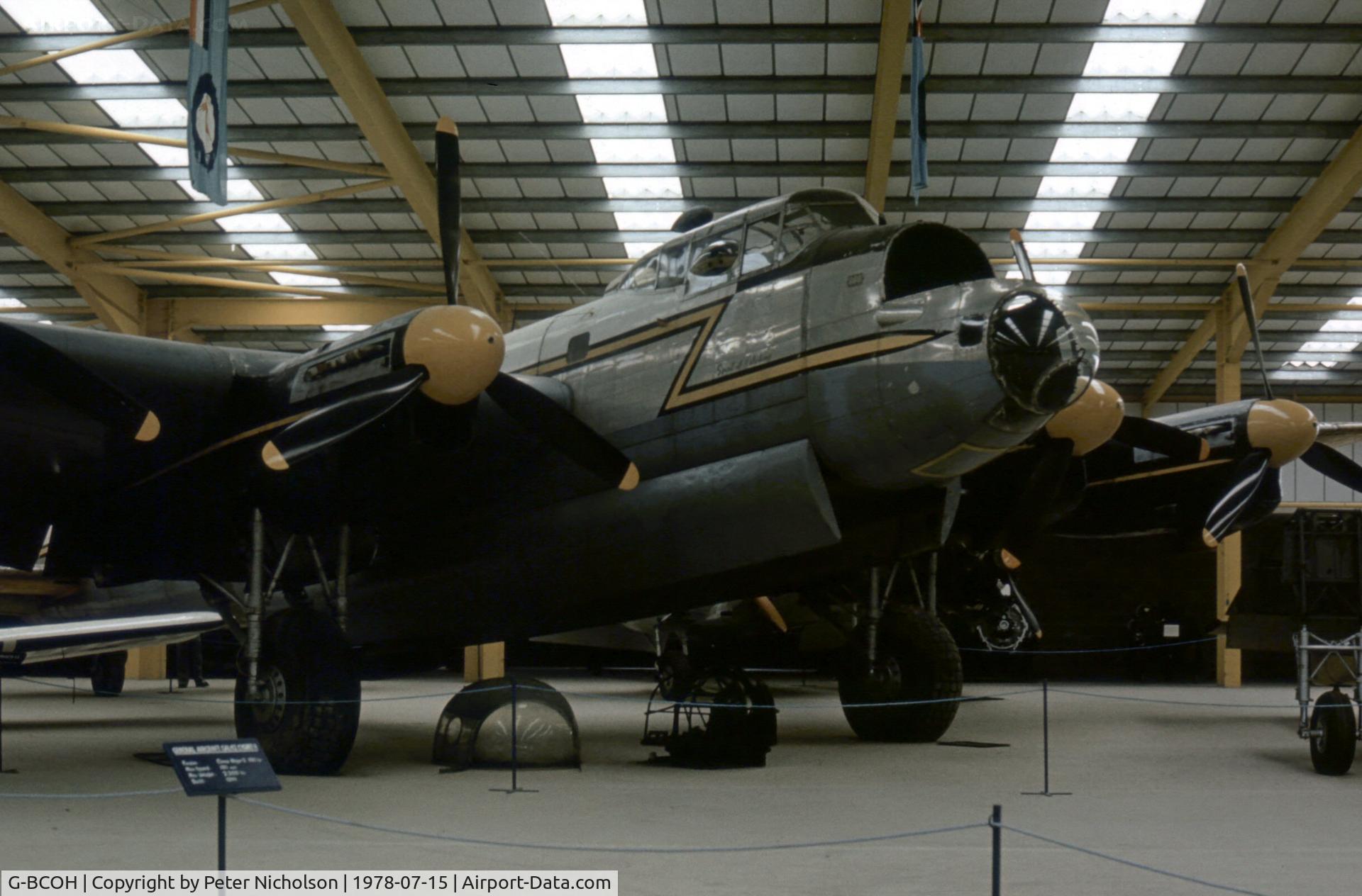 G-BCOH, 1944 Victory Aircraft Avro 683 Lancaster B10 AR C/N 277, A view of the hangered Lancaster of the Strathallan Collection at their 1978 Open Day.