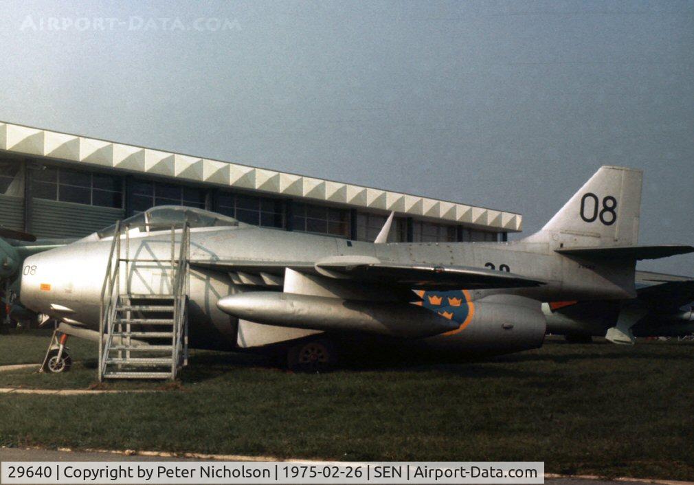 29640, Saab J-29F Tunnan C/N 29640, J-29F Tunnan 29640 coded 08 of F20 Wing Swedish Air Force on display in 1975 at the Historic Aircraft Museum, now defunct. The sole UK J-29 Tunnan.