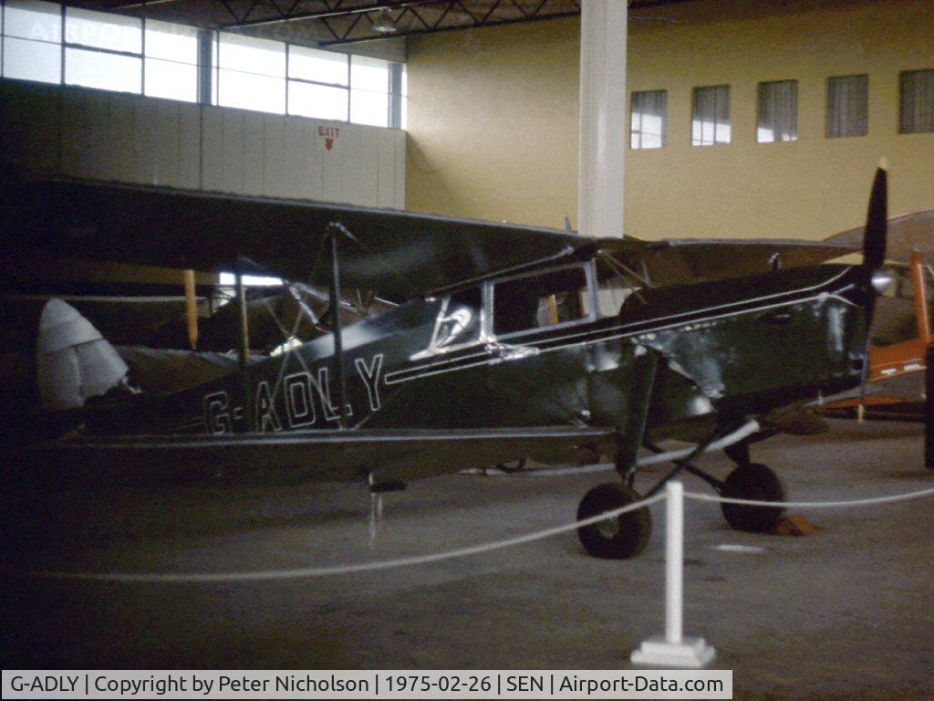 G-ADLY, 1935 De Havilland DH.87B Hornet Moth C/N 8020, Displayed in 1975 in the now defunct Historic Aircraft Museum at Southend Airport.