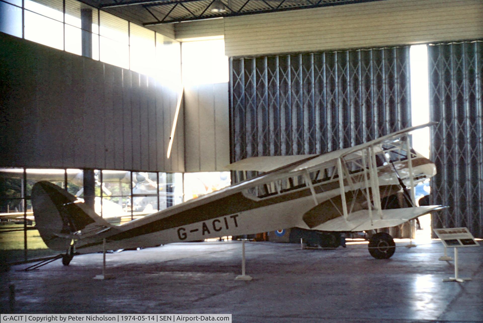 G-ACIT, 1933 De Havilland DH-84 Dragon 1 C/N 6039, This Dragon 1 flew into the now defunct Historic Aircraft Museum at Southend Airport in September 1971. When the Museum closed, the Dragon was bought in 1983 by the Science Museum