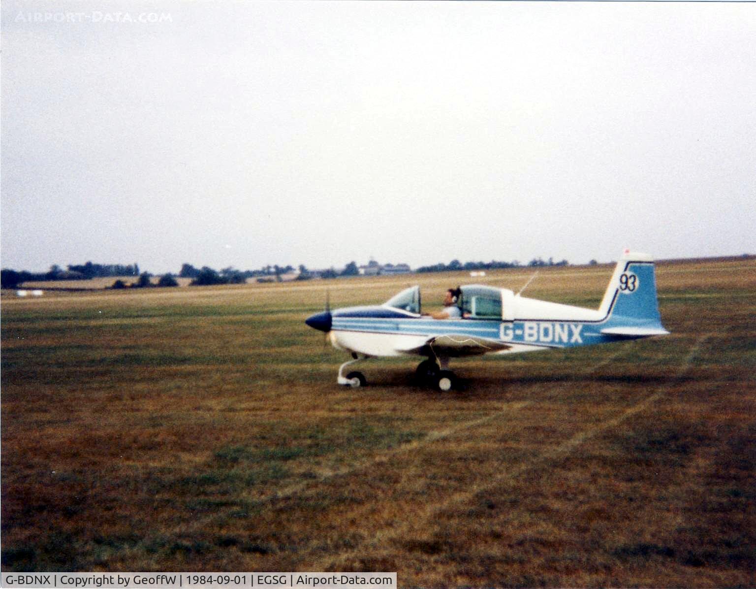G-BDNX, 1975 Grumman American AA-1B Trainer C/N AA1B-0590, Grumman AA1B Trainer G-BDNX taxies out at Stapleford to compete in the round London air race 1st September 1984