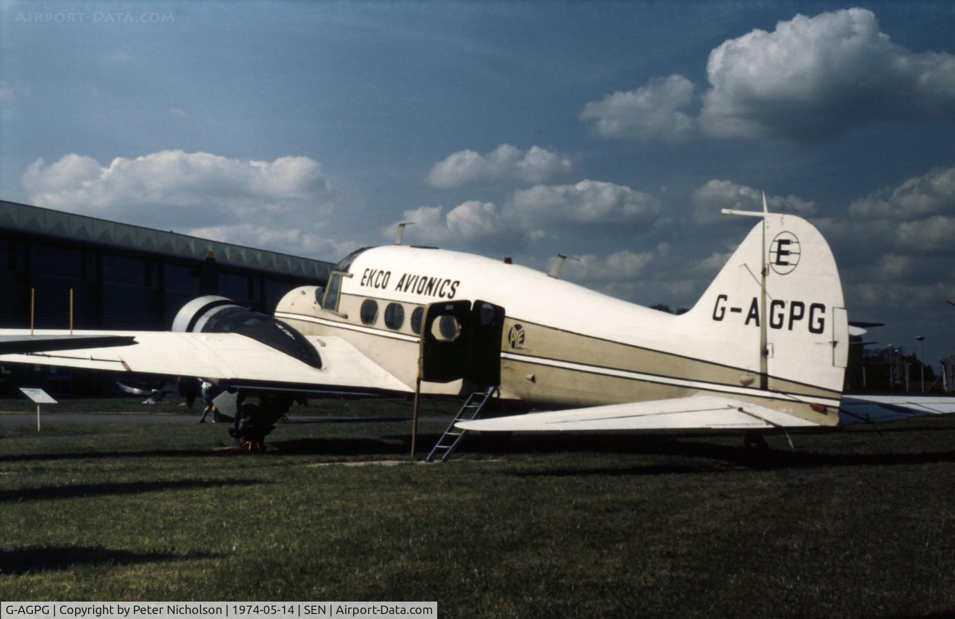 G-AGPG, 1945 Avro 652A Anson C.19 Series 2 C/N 1212, Anson in markings of Ekco Avionics displayed at the now defunct Historic Aircraft Museum at Southend in 1974.