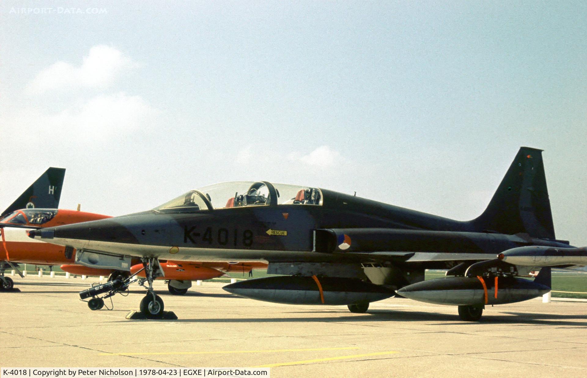 K-4018, 1971 Canadair NF-5B Freedom Fighter C/N 4018, Royal Netherlands Air Force NF-5B of 313 Squadron in the static display at the 1978 Leeming Open Day.