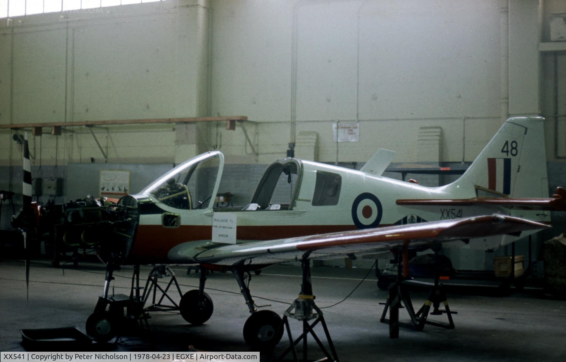 XX541, 1973 Scottish Aviation Bulldog T.1 C/N BH120/233, Bulldog T.1 of the Central Flying School undergoing maintenance seen at the 1978 Leeming Open Day.