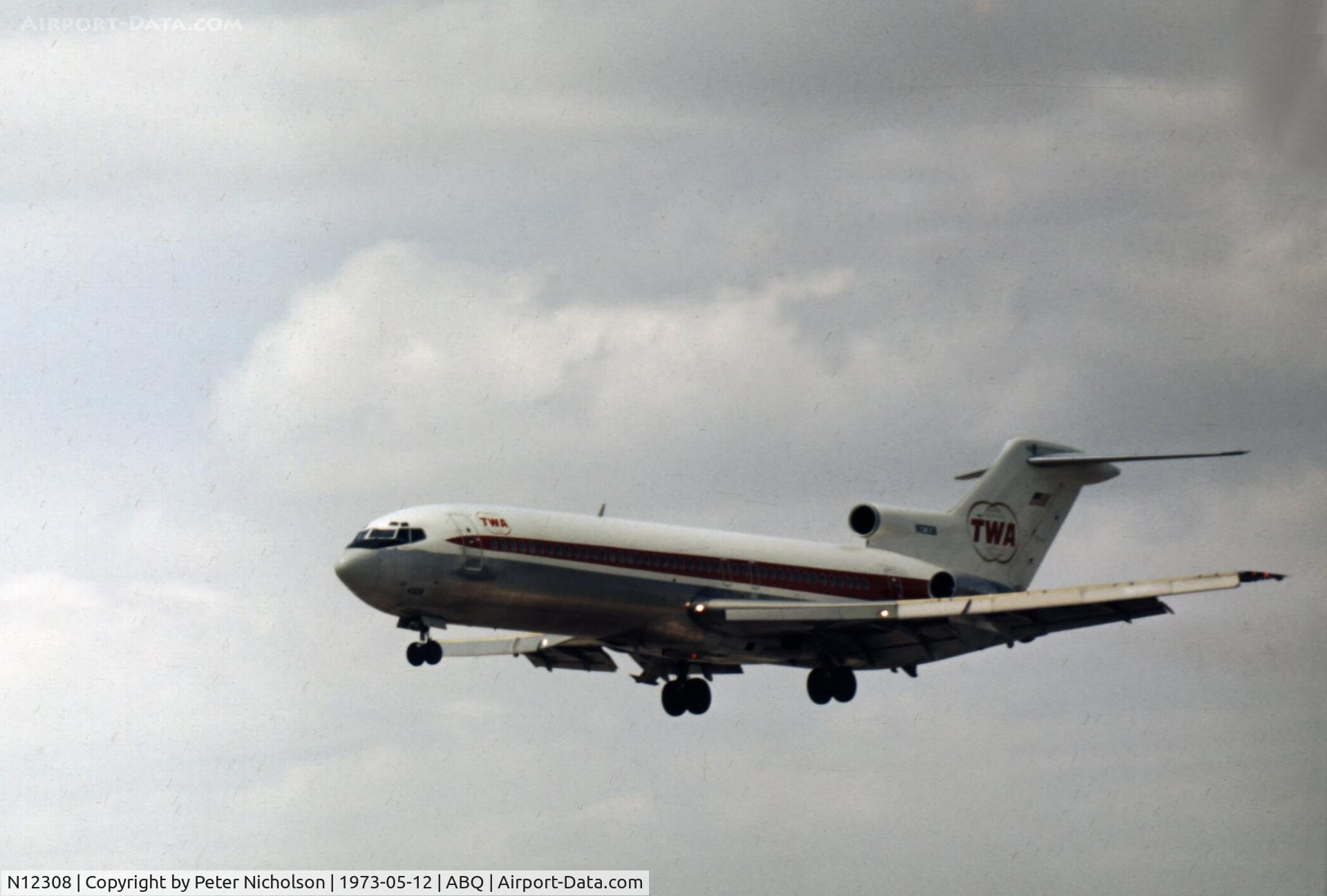 N12308, 1968 Boeing 727-231 C/N 19565, Operated by Trans World Airlines in 1973, fleet number 4308, as seen landing at Albuquerque in May 1973.